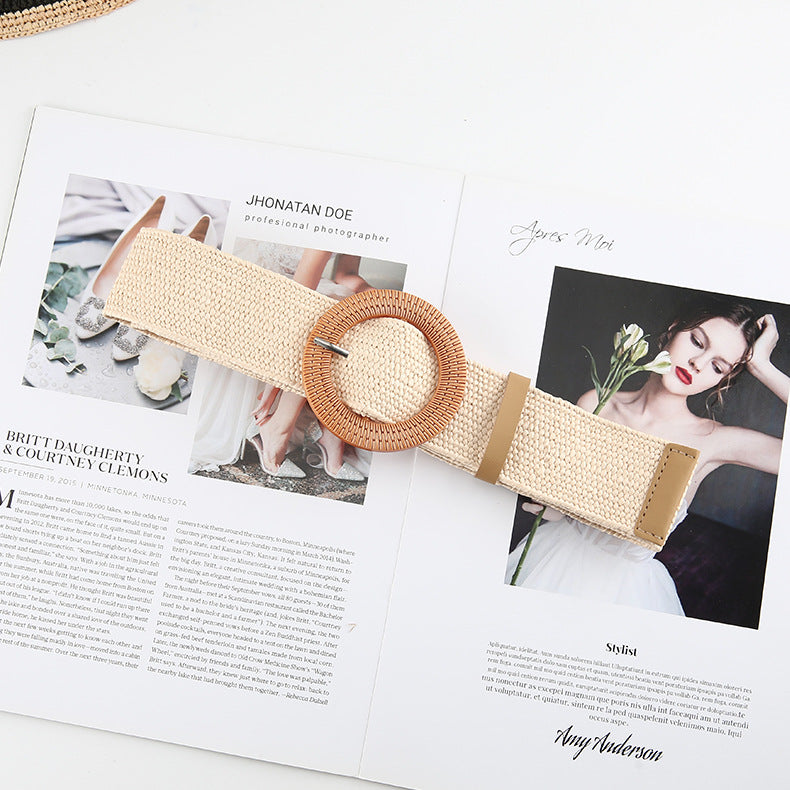 Cotton Hemp Wind Pp Grass Woven Belt For Women Round Square Buckle Dress Gown Decoration Belt