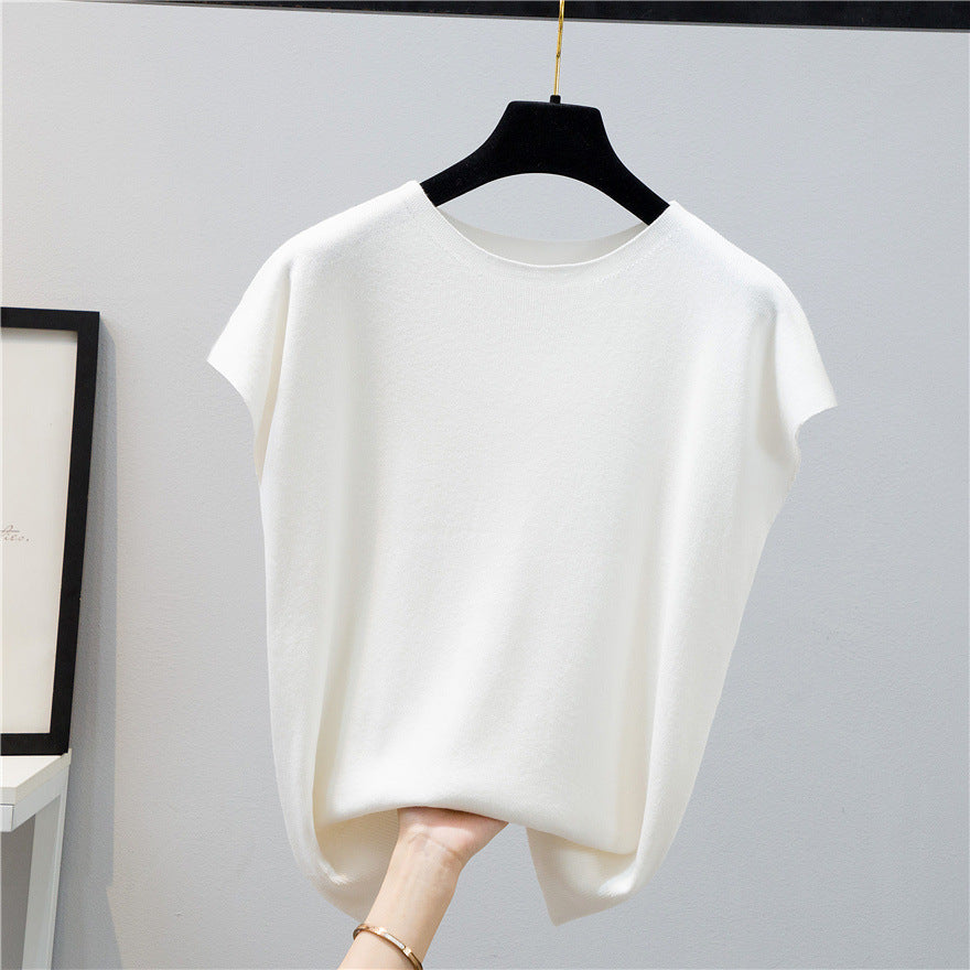 Summer Women's Solid Color Knitted T-Shirt Short Sleeve Ice Silk Color Contrast Design Thin