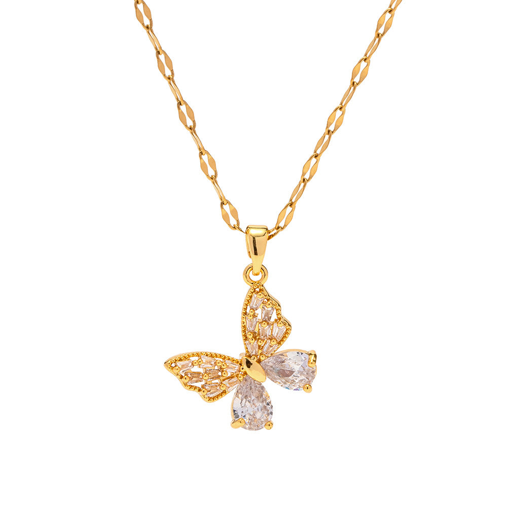 5pcs 18K Gold Stainless Steel Inset White Zircon Butterfly Pendant Necklace Does Not Fade A Niche Jewelry