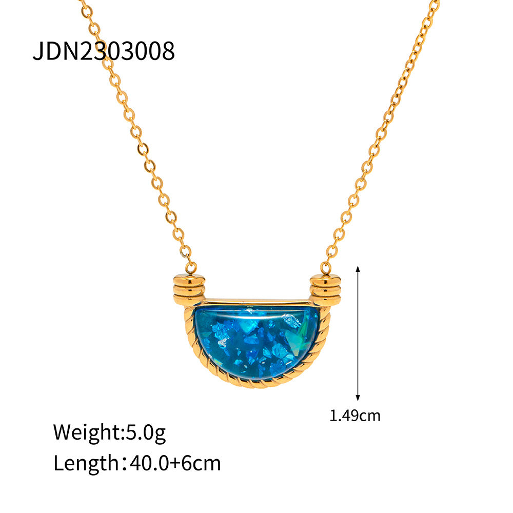 5pcs Stylish Retro Style Natural Blue Resin Fan Basket Pendant Necklace Women's Stainless Steel Jewelry