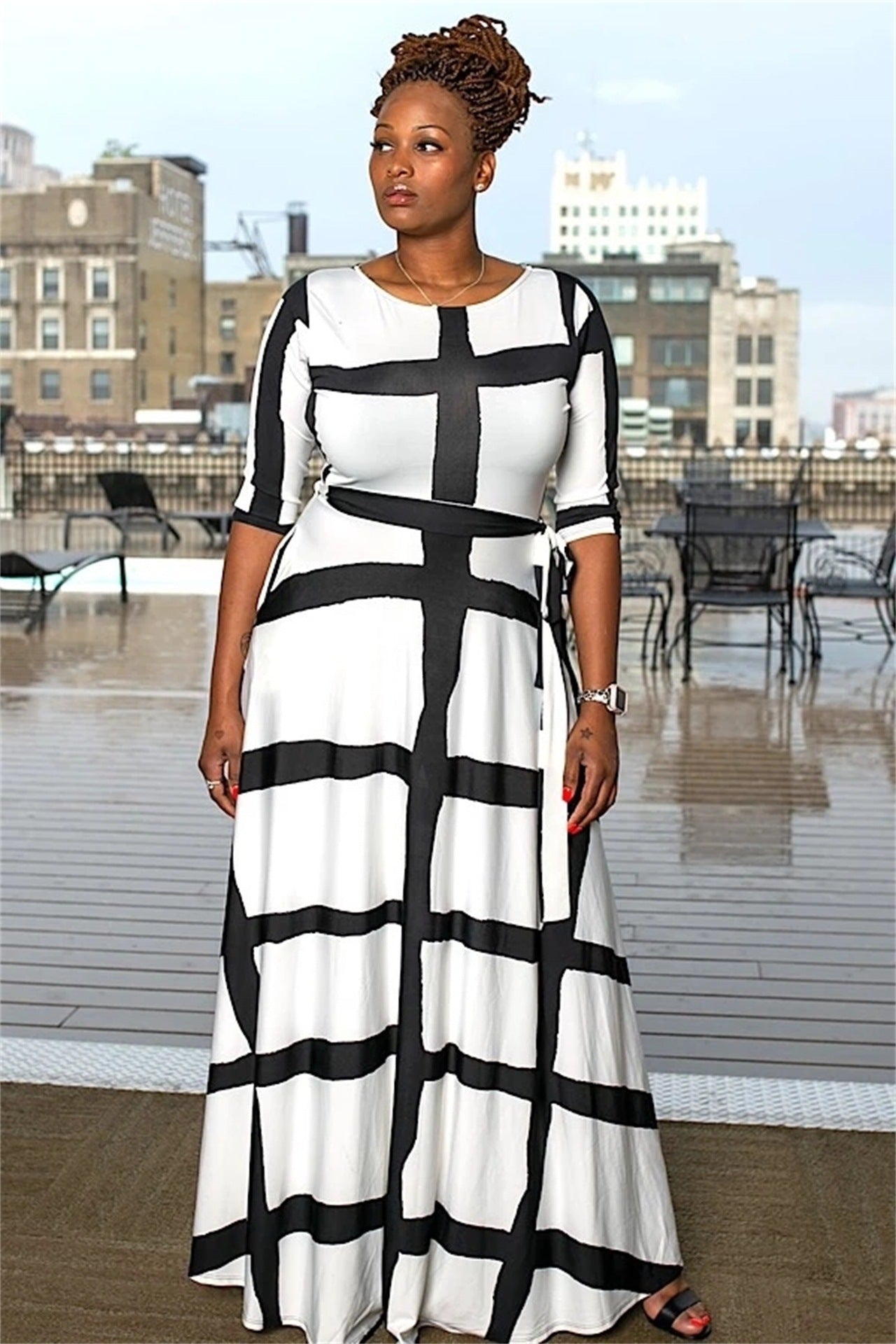 Plus-Size Women's Clothing Fashion Striped Positioning Printed Five-Quarter Sleeve Dress