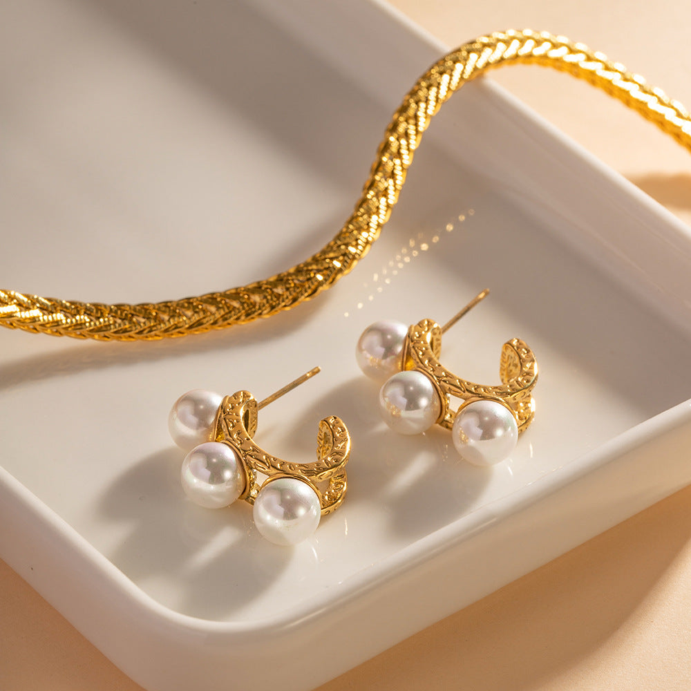 5pcs Classic Stainless Steel Hammer Pattern 18 Gold Inlaid Pearl Earrings Fashion All-In-One Earrings