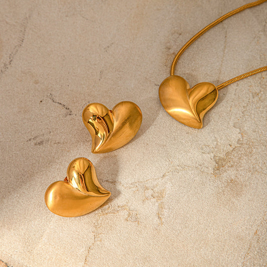 5pcs 18K Gold Stainless Steel Half Smooth Half Brushed Pendant Necklace Earrings Combination