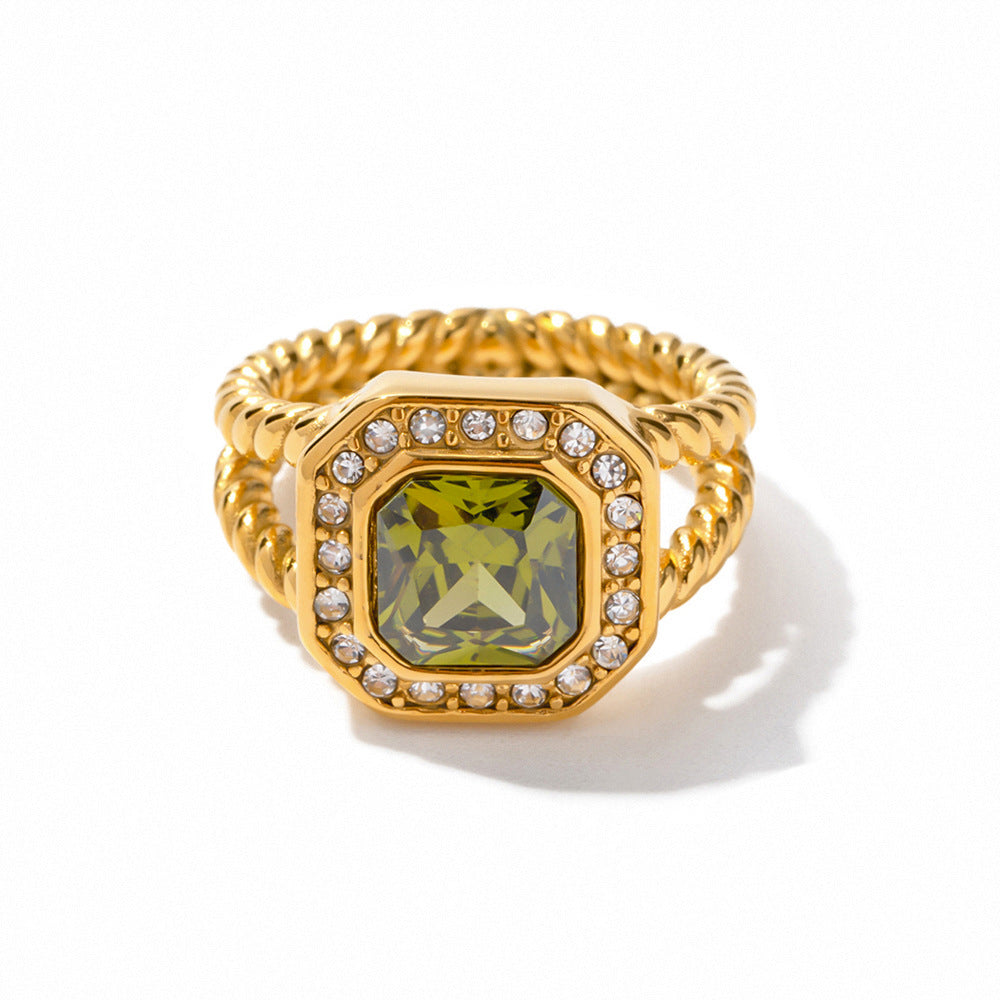 5pcs Niche Design Exaggeration Style 18K Double Octagon Olive Green Zircon Twist Ring Does Not Fade Jewelry