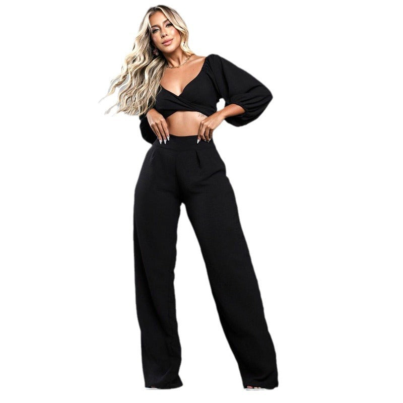 Sexy Fashion Casual Suit Solid Color Loose Spring Summer Lantern Sleeve New Trousers Two-Piece Set