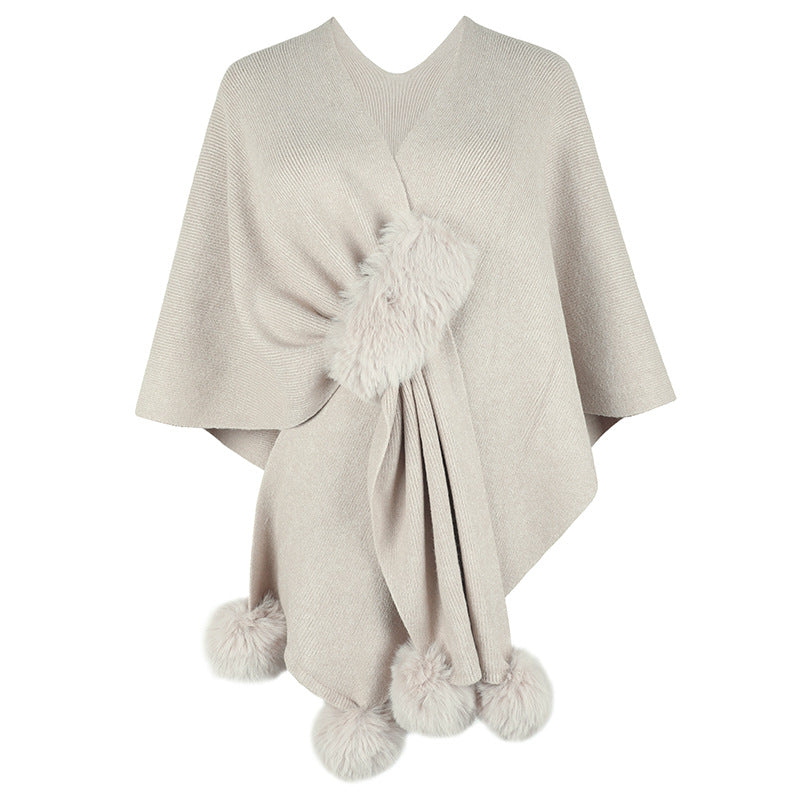 Drizzle Solid Color Fur Ball Cloak Sweater For Women New Autumn And Winter New Women Shawl Knitted Cardigan