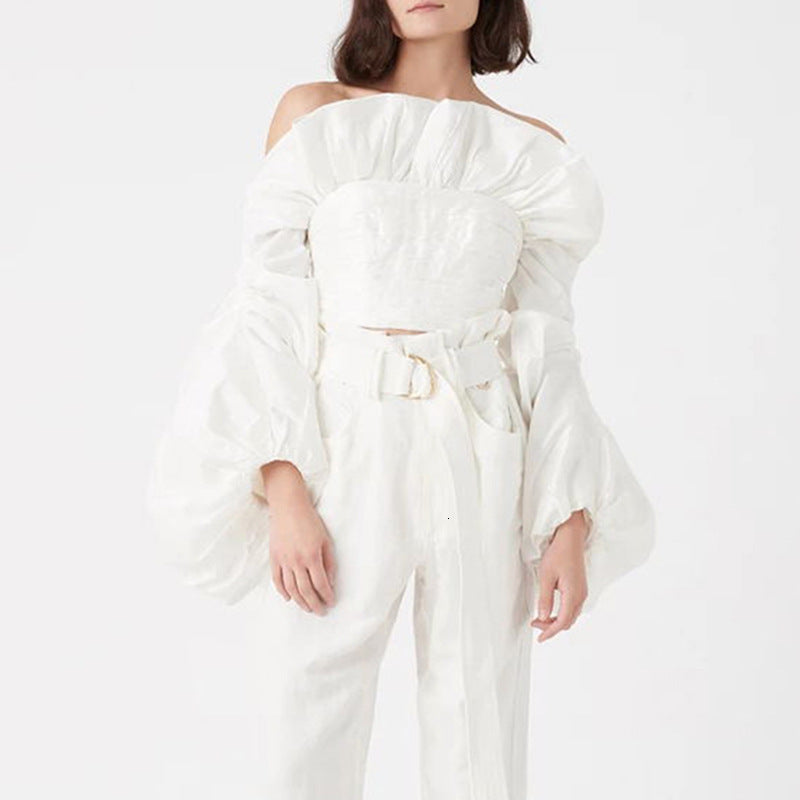 Ruffled Shirt Women's Spring Slim-Fit Solid Color All-In-One Lantern Neck Long Sleeve Slim-Fit Women's Short Shirt