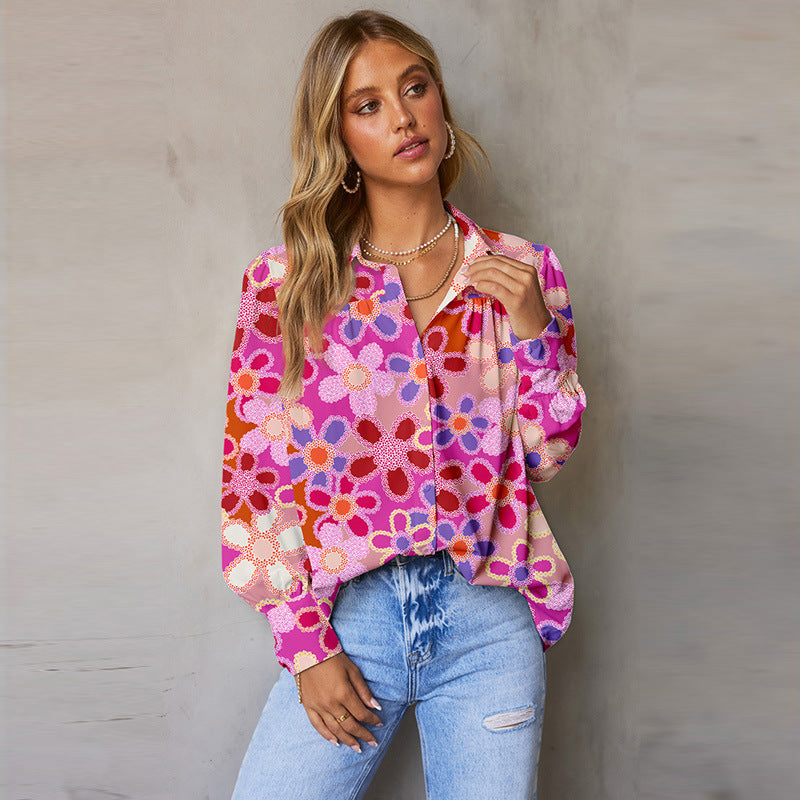 Autumn New Multi-Color Bubble Sleeve Shirt Women Thin Loose Flower Print Long Sleeve Blouse Women