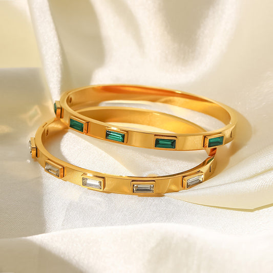 5pcs Summer Titanium Steel Bracelet Fashion With Stainless Steel Green/White Rectangle Zircon Inlaid Bracelet Female