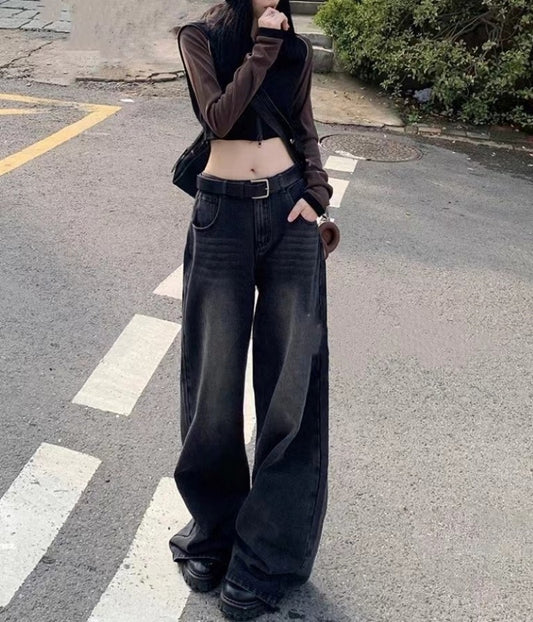 Washed Black Gray High-Waisted Wide-Leg Jeans Women's Retro High Street Loose Slimming Drag Straight Leg Pants