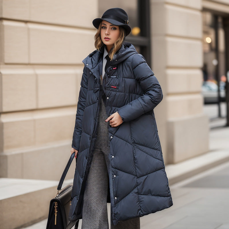 Literary And Retro Ethnic Style Button Down Jacket Women's Mid-Length Over The Knee Thick Loose Large Size Hooded Coat