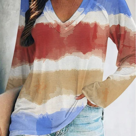 Autumn And Winter Women's Tie Dye Gradual Print V-Neck Long Sleeve T-Shirt Woman