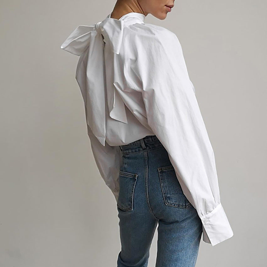 Autumn Bow Shirt Women's High Collar Stand Collar Of Small White Dress Shirt Temperament Top