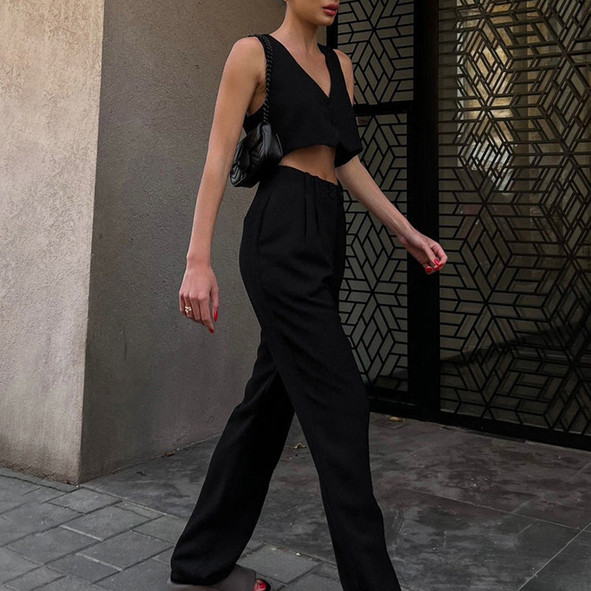 New Waistcoat Set High Waist Straight Pants Temperament Casual Simple Commuting Summer Women