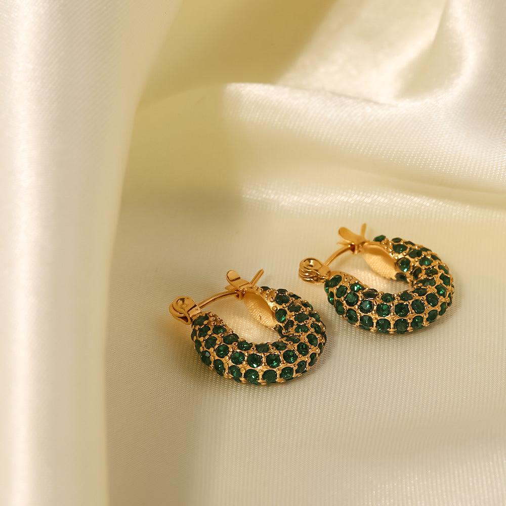5pcs New Fashion Earrings 18K Gold Plated Stainless Steel Inlaid Green/White Square Zircon Ring Earrings