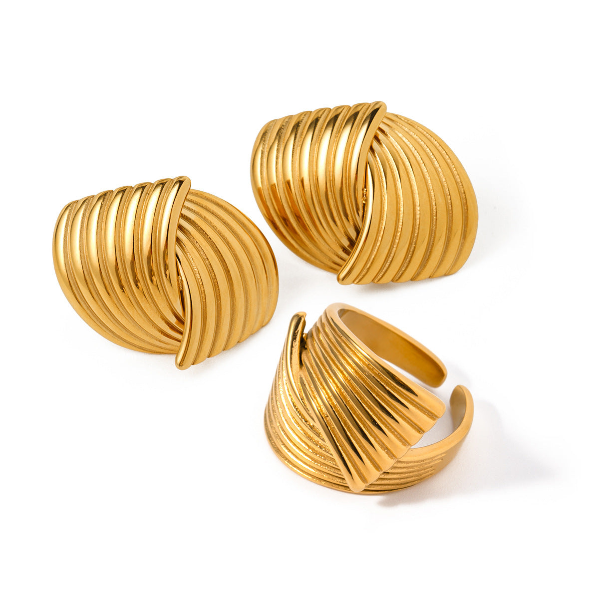 5pcs Fashion 18K Gold Stainless Steel Stripe Texture Interlace Simple Design Sense Open Ring For Women