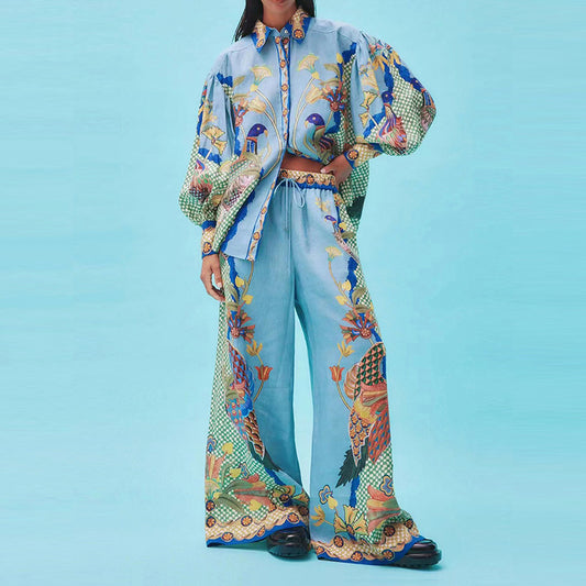 Autumn New Vintage Print Lapel Bubble Sleeve Long Sleeve Shirt + High Waist Wide Leg Mop Pant Suit