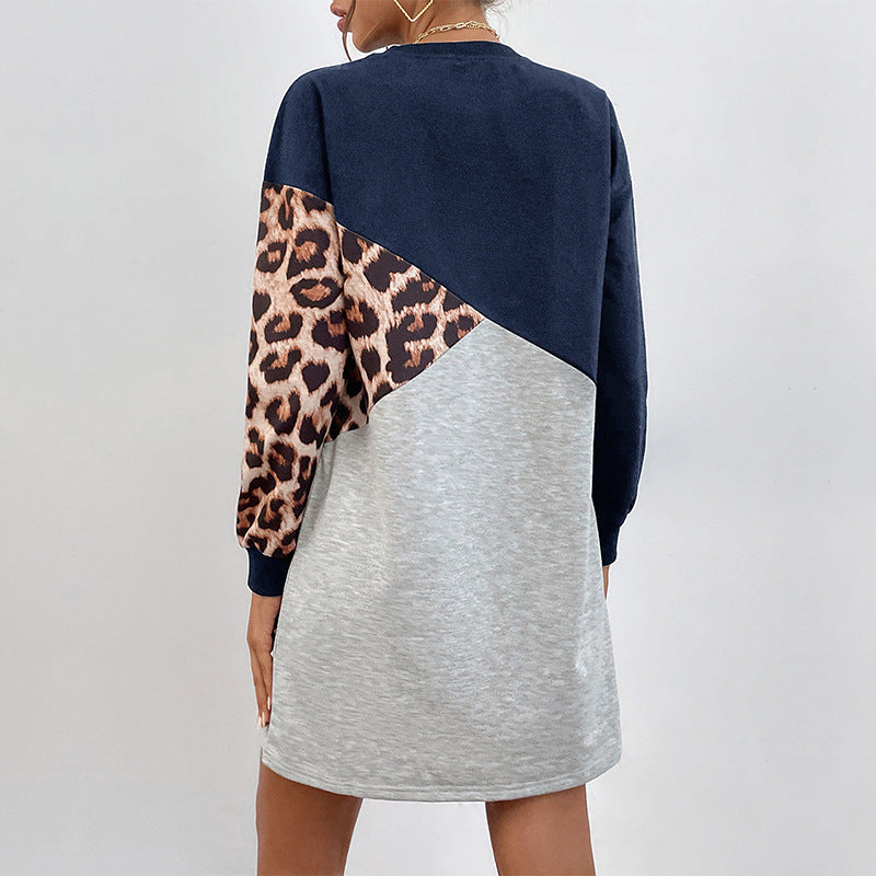 New Autumn New Fashion Women Long-Sleeved Leopard Hoodie Dress