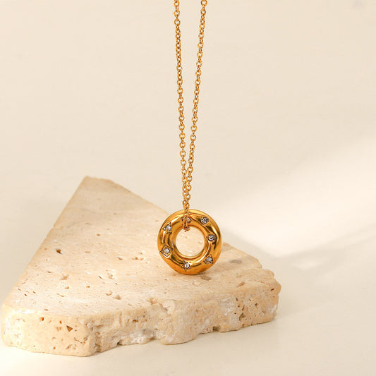 5pcs New Stainless Steel Necklace 18K Gold Inlaid Zircon Hollow Ring Pendant Necklace Jewelry Women's Style