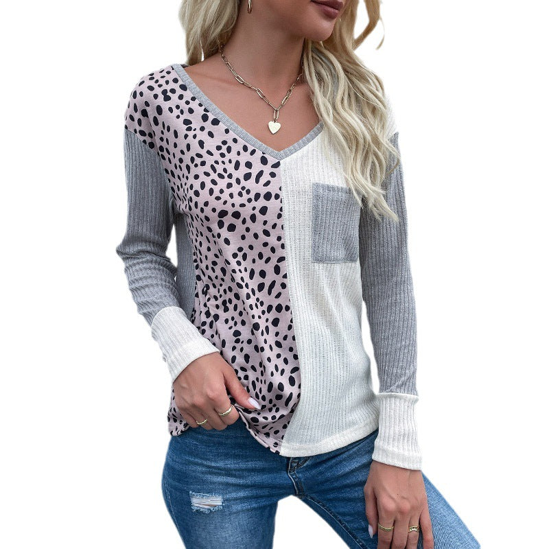 New  Women's Pullover Loose Splicing V-Neck Leopard Knit Top Women