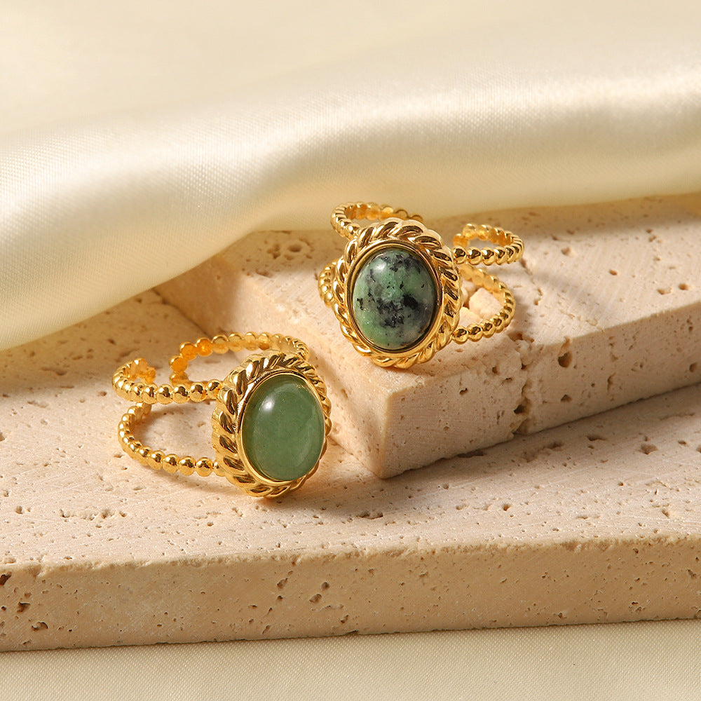 5pcs Vintage Style Titanium Steel Natural Stone Ring Female Niche Design High-Grade Sense Open Ring Fashion Personality