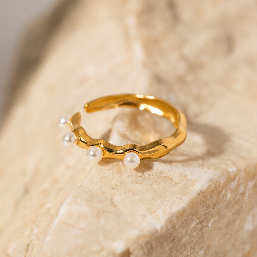 5pcs 18K Gold Stainless Steel Set With Five Pearl Open Ring Does Not Fade Ring