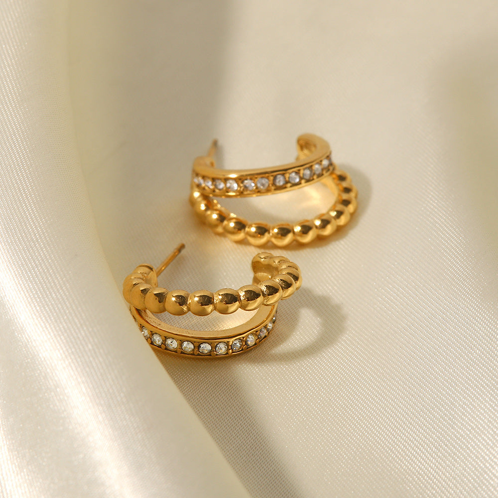 5pcs The New 18K Gold Plated Stainless Steel Fashion All-Match C-Shaped Double Gold Beads Set With Green/White Diamond Earrings