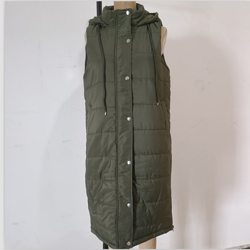 Solid Color Hooded Single Breasted Medium Long Cotton-Padded Vest Slim Temperament Cardigan Coat Top