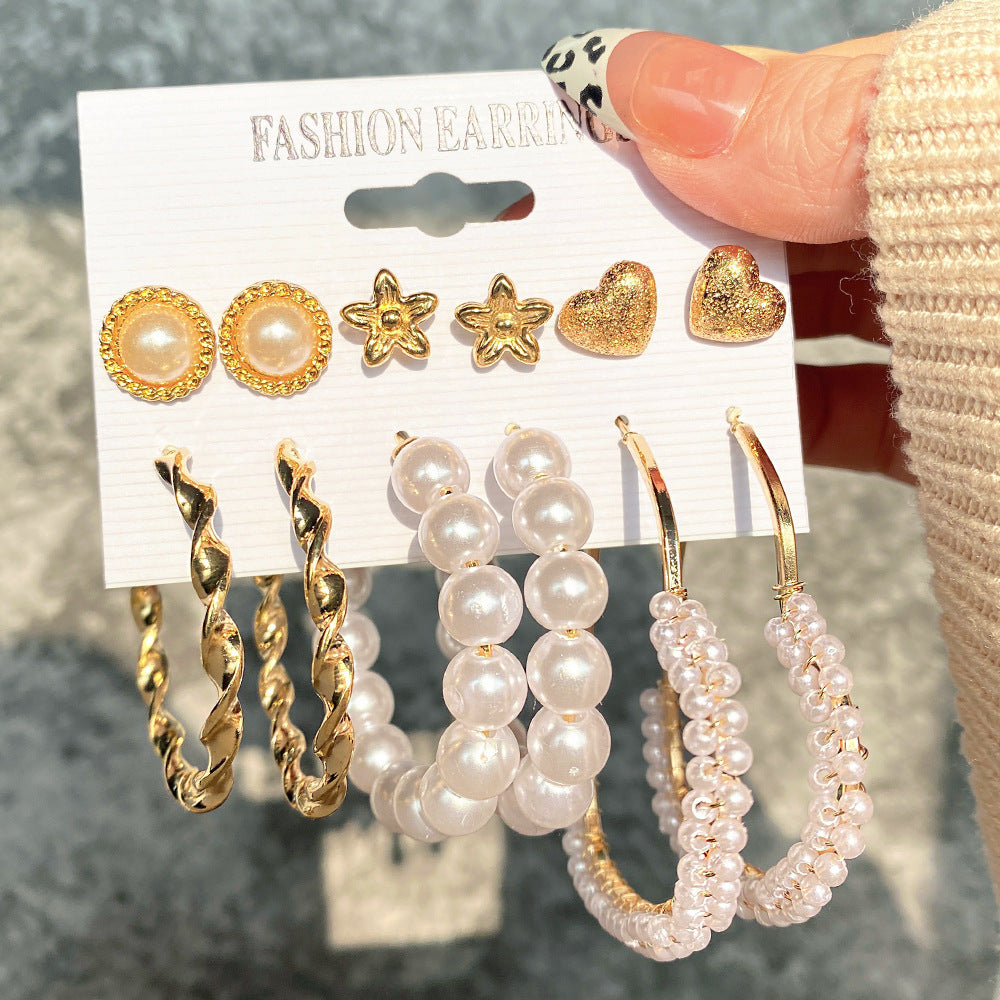 5 Sets New Pearl Earrings Set for Women Retro Metal Geometric C-Shaped 5 pairs Earrings
