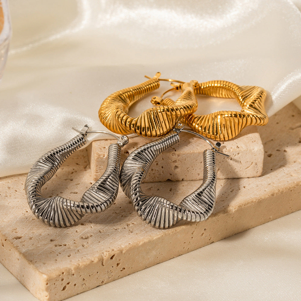 5pcs Earrings 18K Gold Plated Stainless Steel Pleated Ribbed Twist Earrings Do Not Fade Women's Earrings