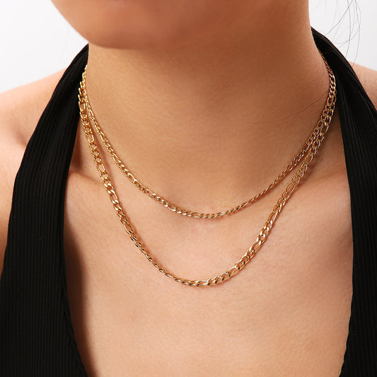 5pcs Figaro Gold Chain Necklace Jewelry Gold Plated 18K Plated Stainless Steel Two-Layer Choker For Women