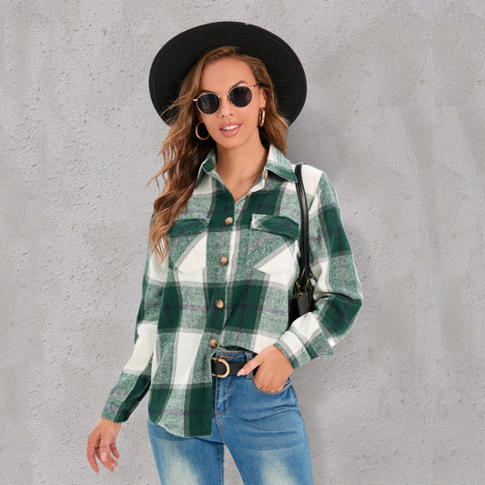 Large Size Coat Long Sleeve Plaid Button-Down Shirt Uniform Color Uniform Size Blouse Woman