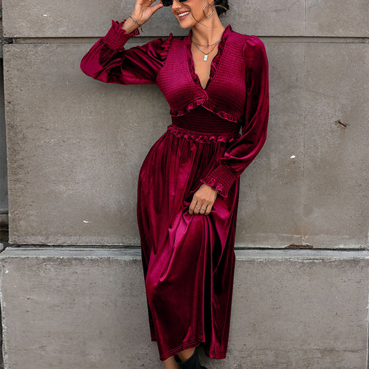 Wine Red Velvet Dress Elegant Maxi Skirt Wooden Ear Edge Play Wrap Design Skirt