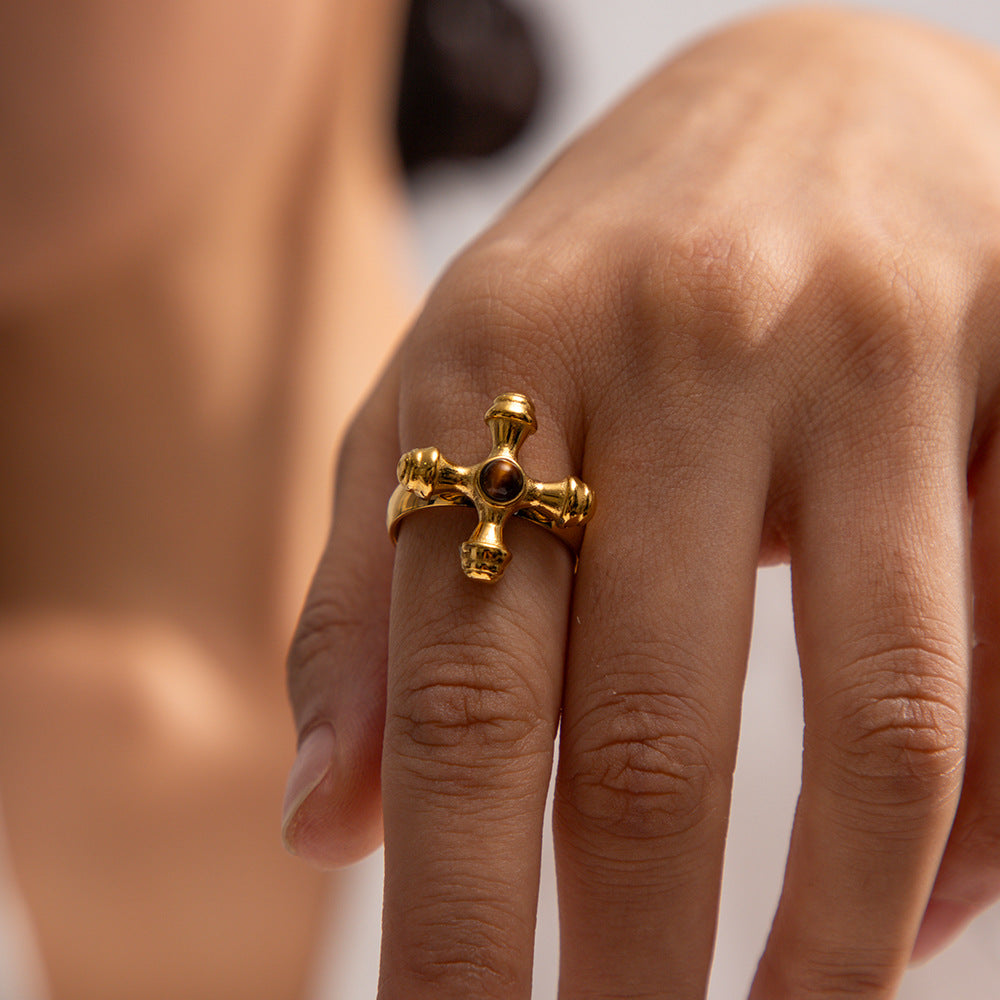 5pcs Niche Style Gold-Plated Titanium Steel Ring Female Stainless Steel Inlaid Stone Cross Fine Ring