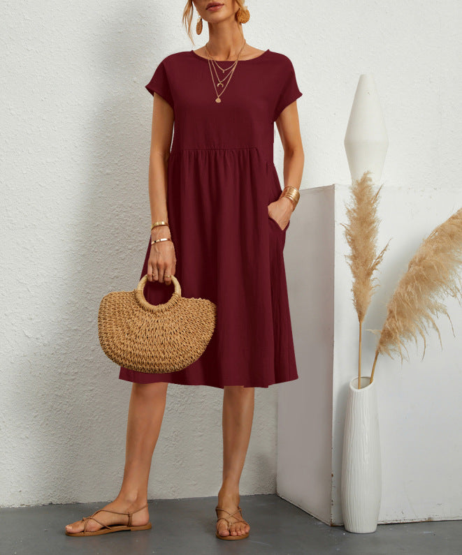 Fashion Ol Quality Women's Solid Color Cotton Linen Round Neck Set A-Line Skirt Dress