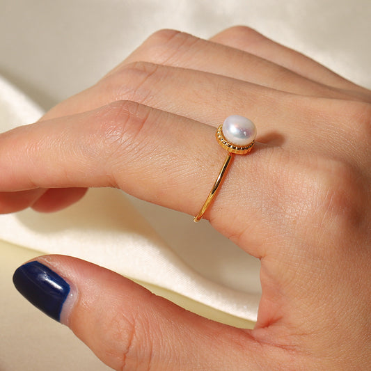 5pcs Stylish Matching Ring 18K Gold Stainless Steel Adjustable Light Pearl Bread Bead Fine Ring