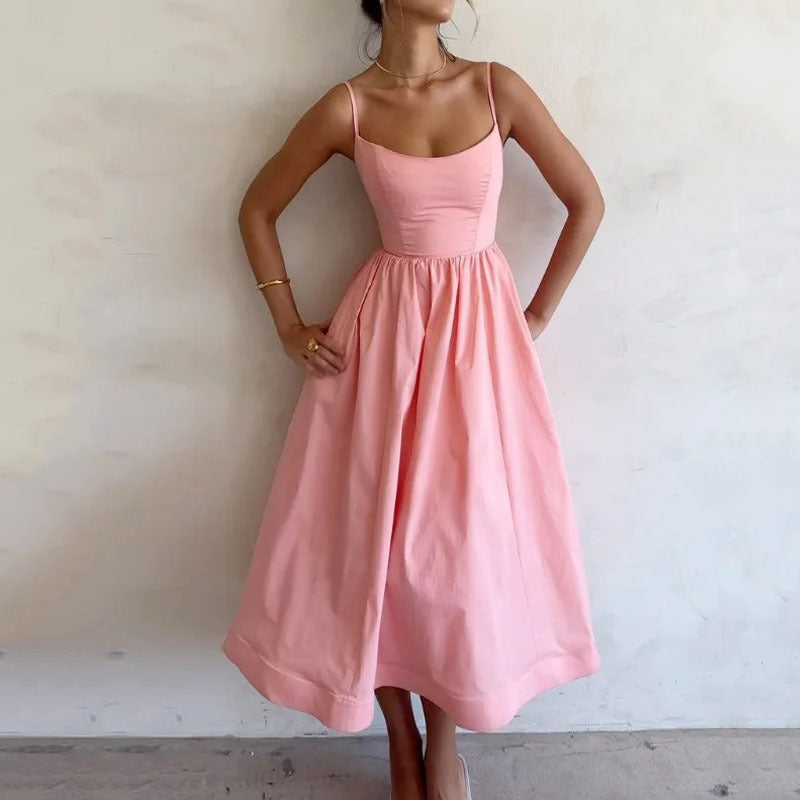 New Women's Solid Color U-Collar Fold Waist Swing Sexy Halter Dress