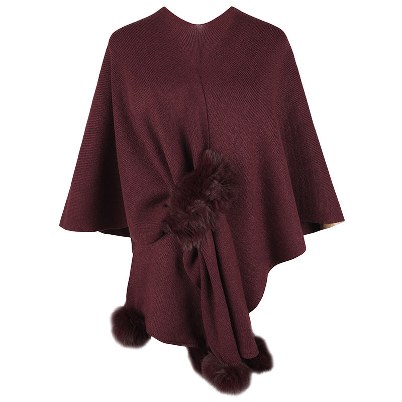 Drizzle Solid Color Fur Ball Cloak Sweater For Women New Autumn And Winter New Women Shawl Knitted Cardigan
