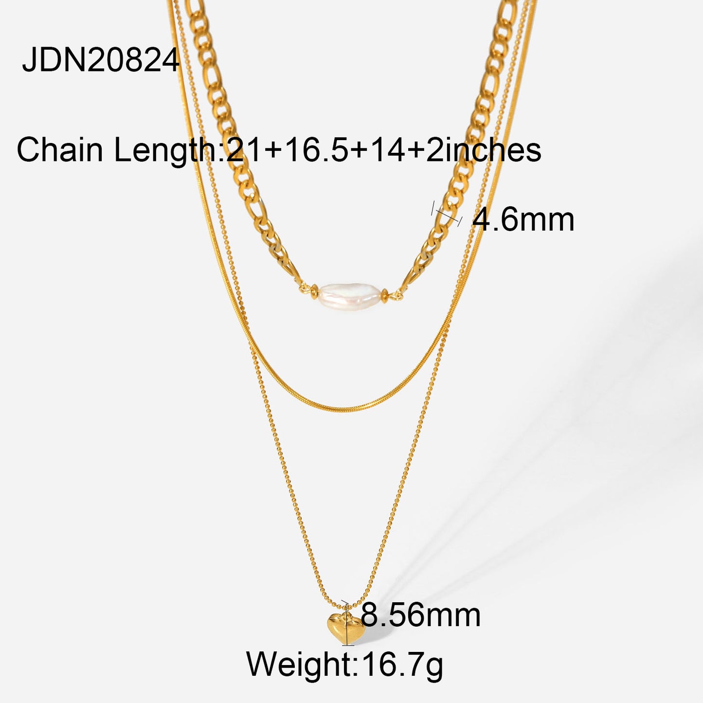 5 pcs 18K Gold-Plated Stainless Steel Three-Layer Heart-Shaped Pendant Necklace Figaro Chain Natural Light Pearl Necklace For Women