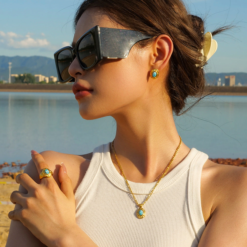 5pcs New Titanium Steel Earrings 18K Gold Stainless Steel Turquoise Hammer With Turquoise Stud Earrings