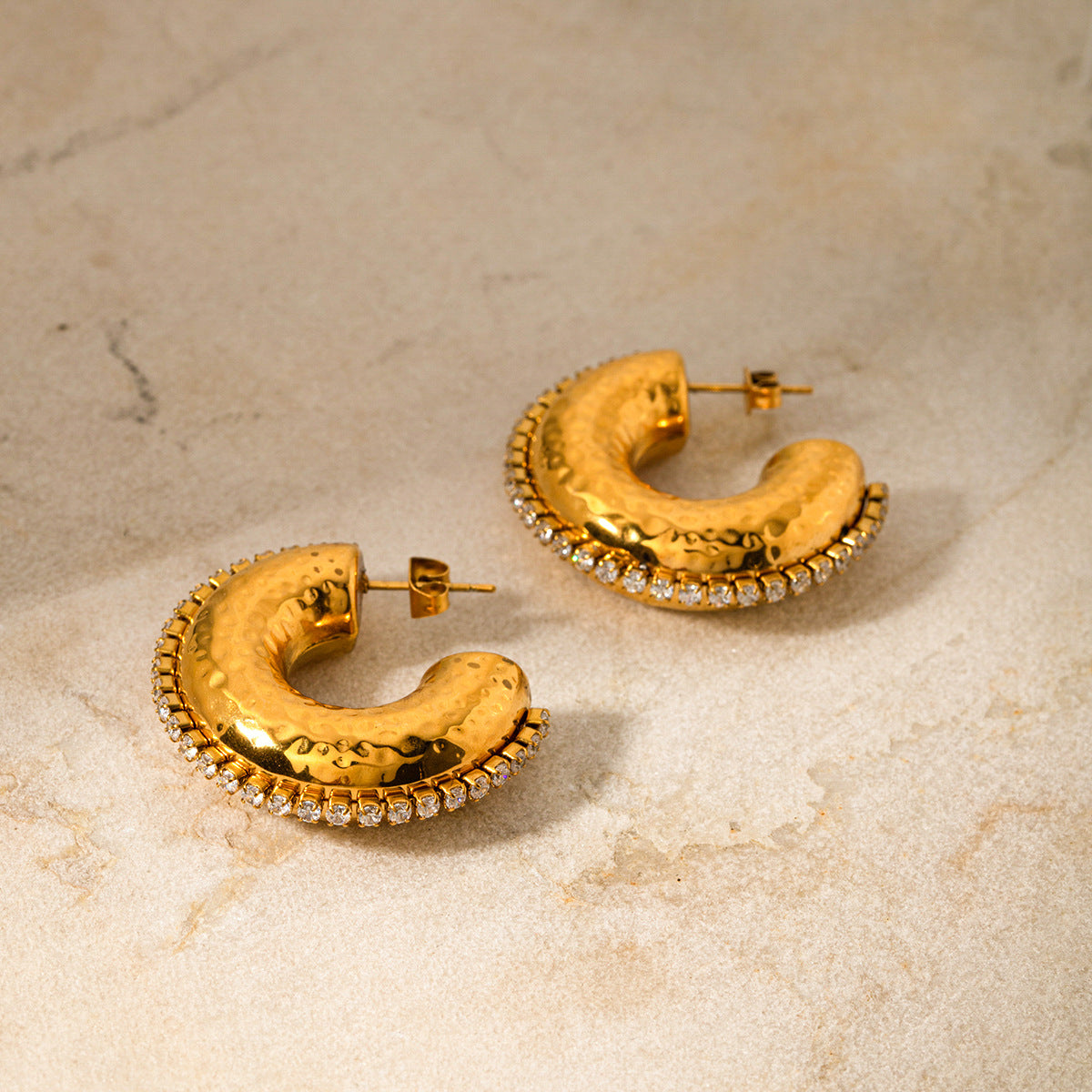 5pcs Titanium Steel 18K Gold Stainless Steel Hammer Pattern Inlaid White Diamond C-Shaped Earrings Temperament Niche Design