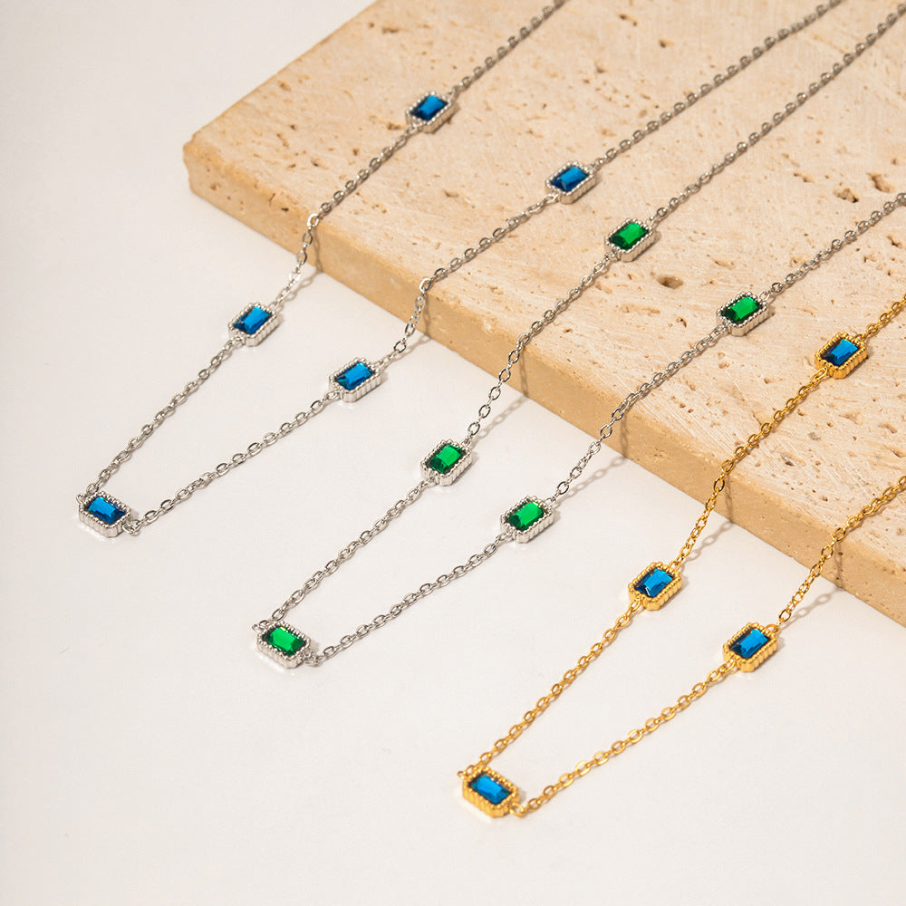 5pcs 14K Gold Stainless Steel Multiple Square Green Zircon Pendant Necklace Fashion Women All Wear Collars