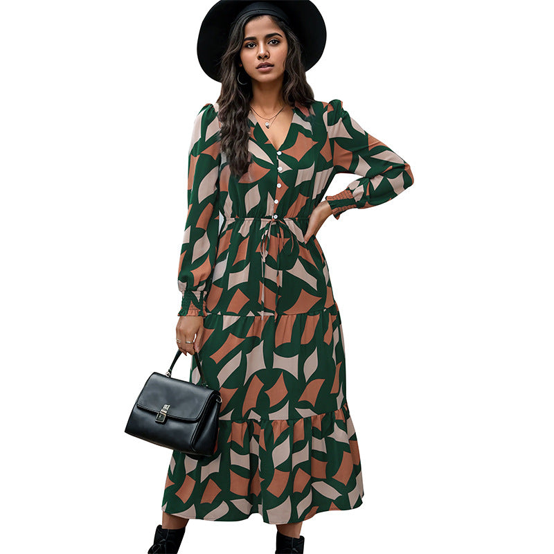 New Temperament V-Neck Ruffled Dress To Button-Up Long Skirt Geometric Pattern Matching Female Skirt