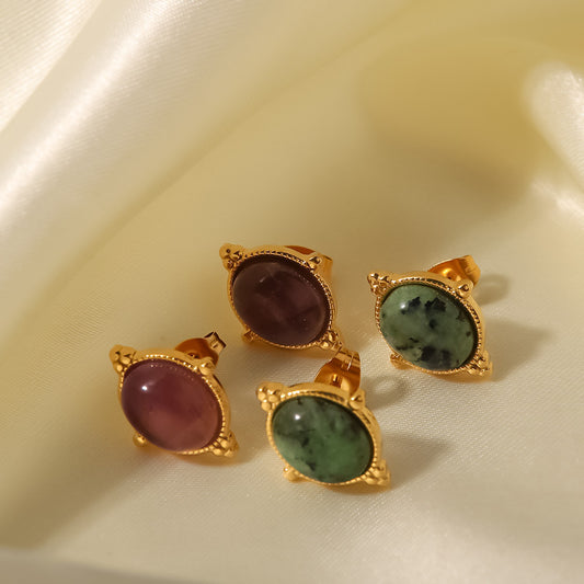 5pcs 18K Gold Plated Women Fashion All-Match Stainless Steel Oval Inlaid With Green Peacock Stone/African Pine Stone/Amethyst Earrings