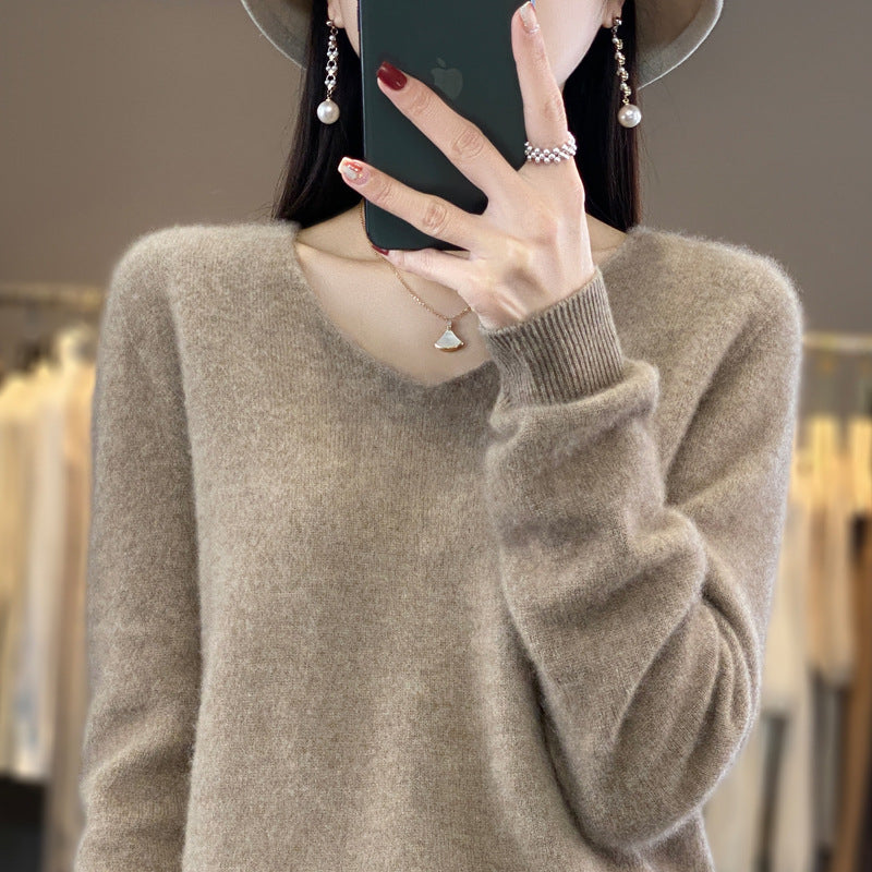 100 Pure Wool Knitwear Women's V-Neck Pullover Loose Base Shirt Autumn And Winter New Solid Color Sweater