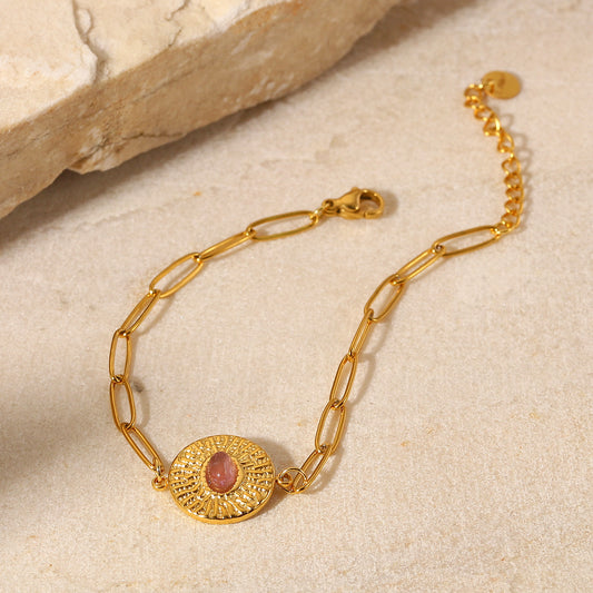 5pcs New Vintage Style 18K Gold Plated Round Brand With Oval Stone Cross Chain Titanium Steel Bracelet Women's Hand Jewelry
