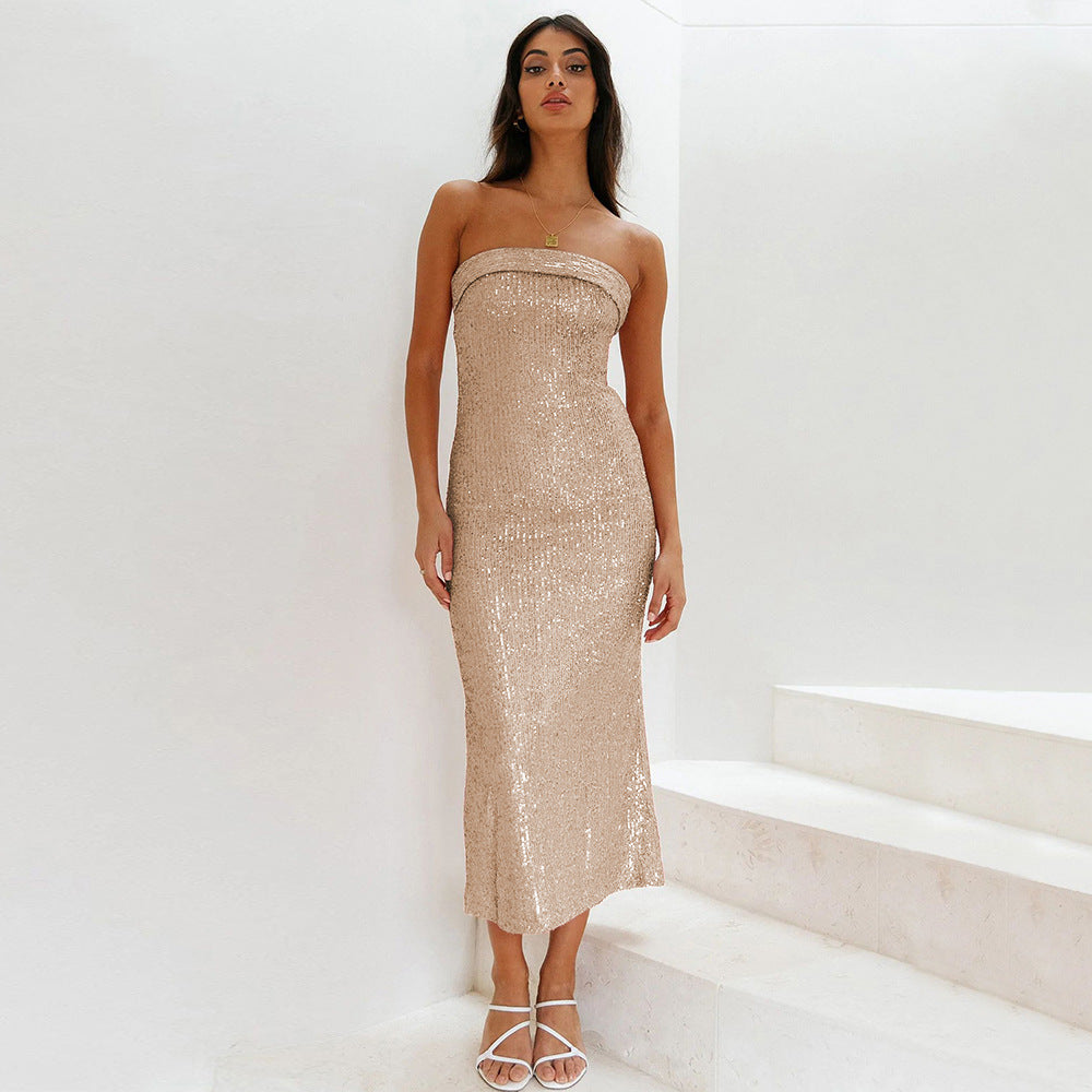 Bead Dress Sexy Strapless Sequin Dress High-End Women's Hollowed-Out Spice Girl Dress Bridesmaid Dress