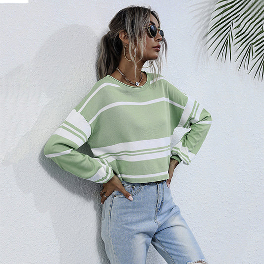 Women's Autumn Long-Sleeved Knitted Short Striped Green Sweater Women