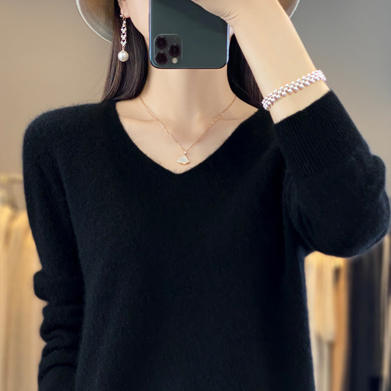 100 Pure Wool Knitwear Women's V-Neck Pullover Loose Base Shirt Autumn And Winter New Solid Color Sweater