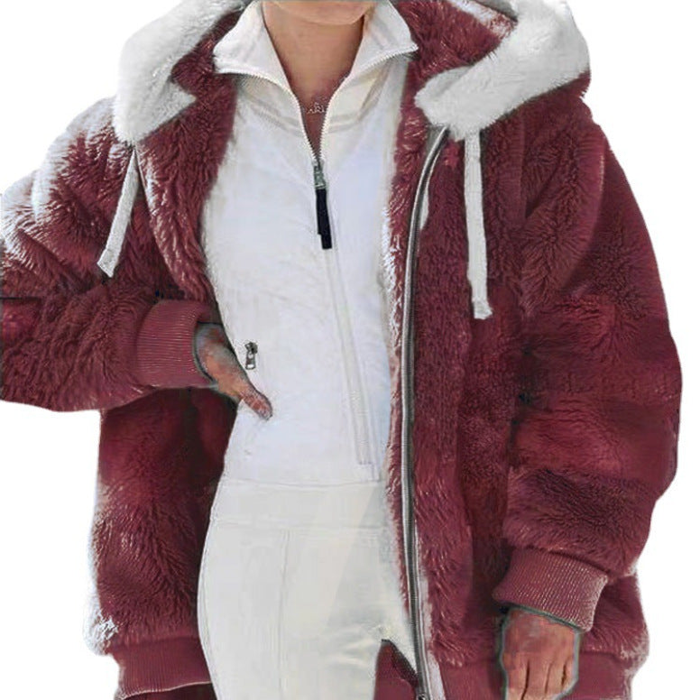 Hot New Fall/Winter Plush Zipper Hooded Coat Lady